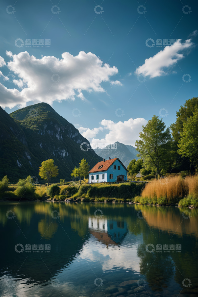 高清大图下载【趣麦麦图】湖畔山间小屋自然风光