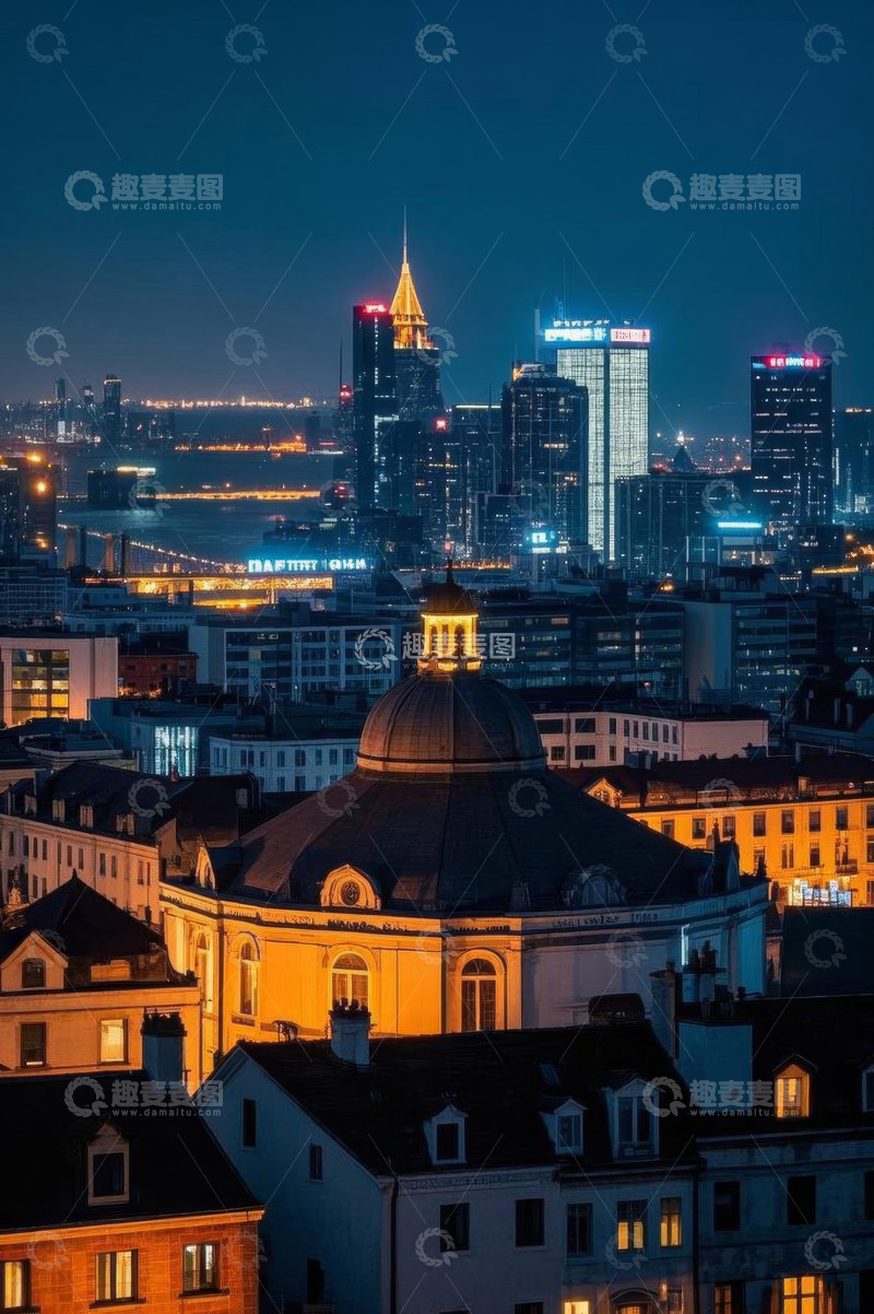 高清大图下载【趣麦麦图】城市夜景俯瞰古典与现代建筑