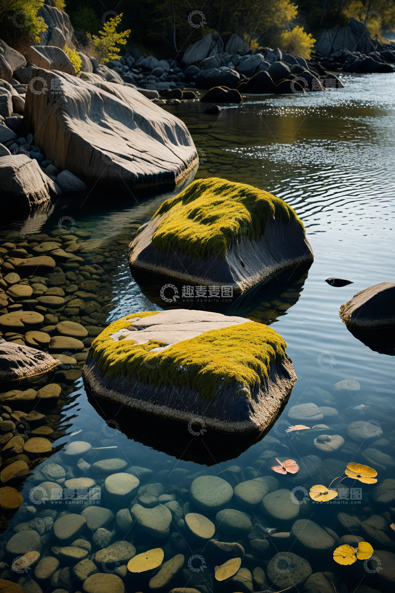 高清大图下载【趣麦麦图】水边覆满青苔的岩石景观