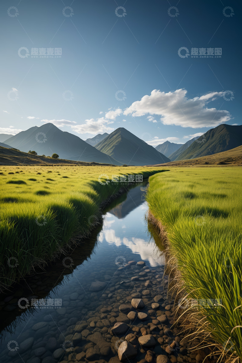 高清大图下载【趣麦麦图】山间草地小溪自然风光