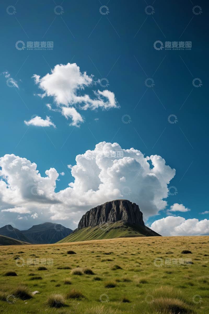 高清大图下载【趣麦麦图】草原上巍峨山峰与蓝天白云