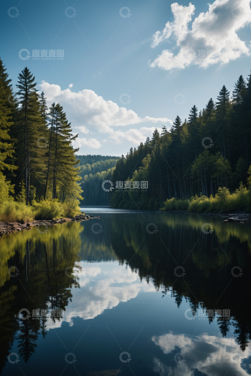 高清大图下载【趣麦麦图】森林旁平静湖水自然景观