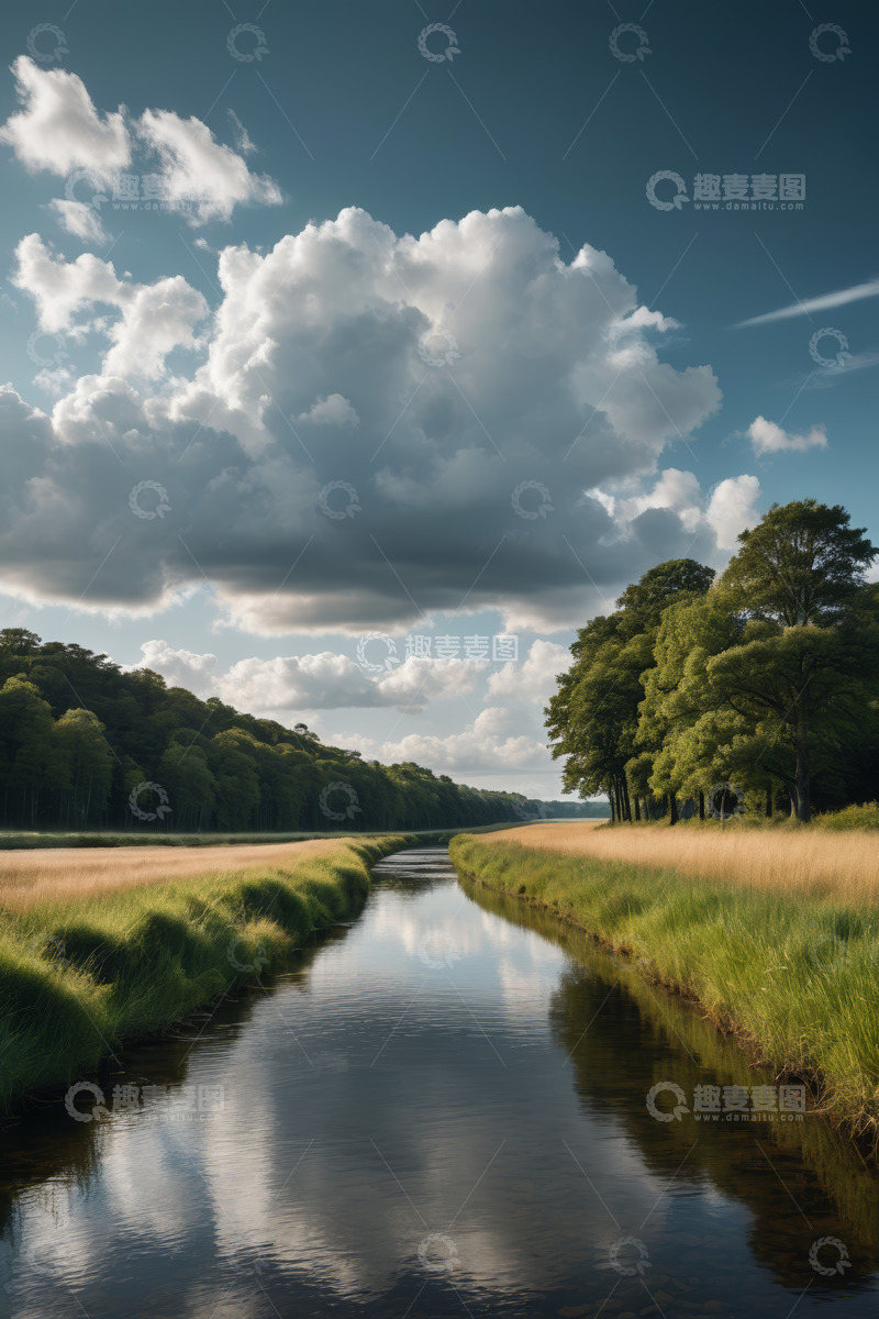 高清大图下载【趣麦麦图】河畔草地森林与蓝天白云风景