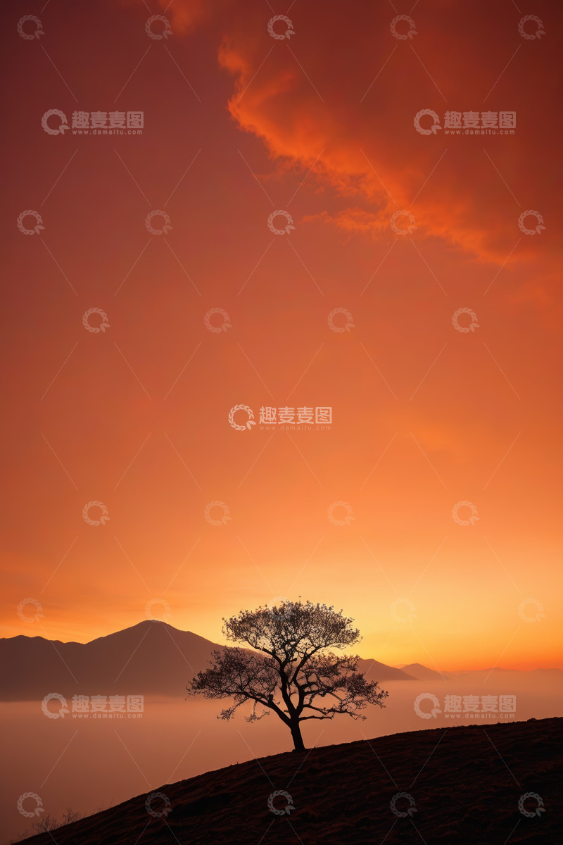 高清大图下载【趣麦麦图】夕阳下孤树与远山风景