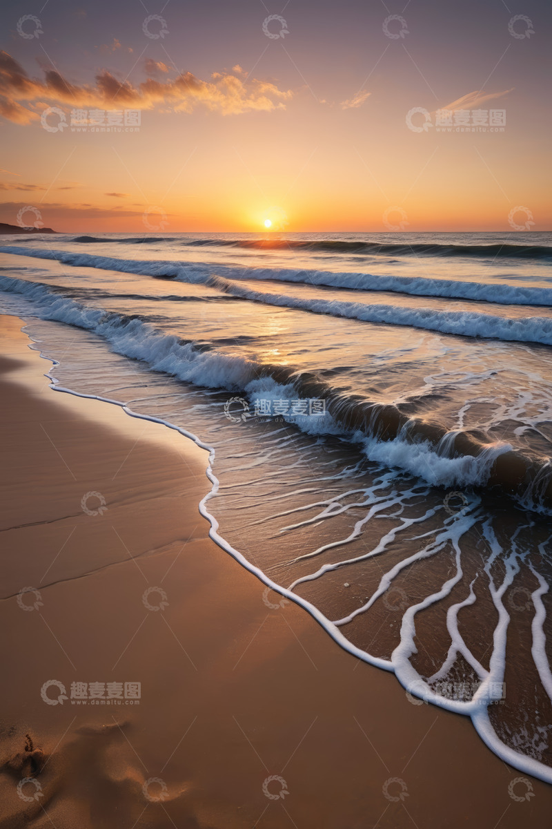 高清大图下载【趣麦麦图】海滩日落海浪拍打沙滩景象