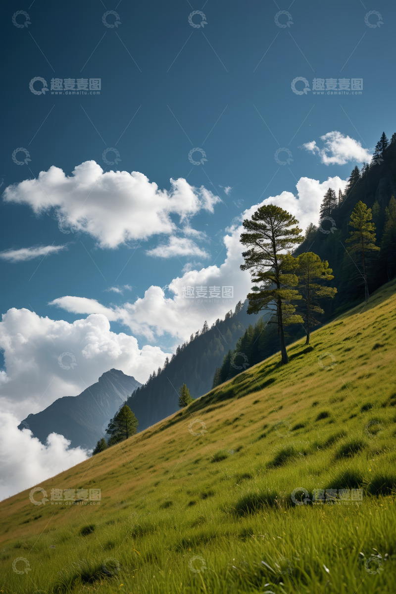 高清大图下载【趣麦麦图】山坡草地树木与蓝天白云景观