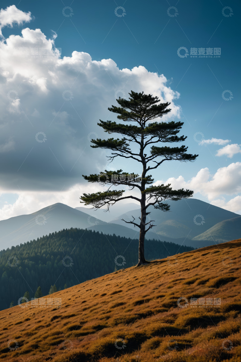 高清大图下载【趣麦麦图】山丘上的孤树与远山风景