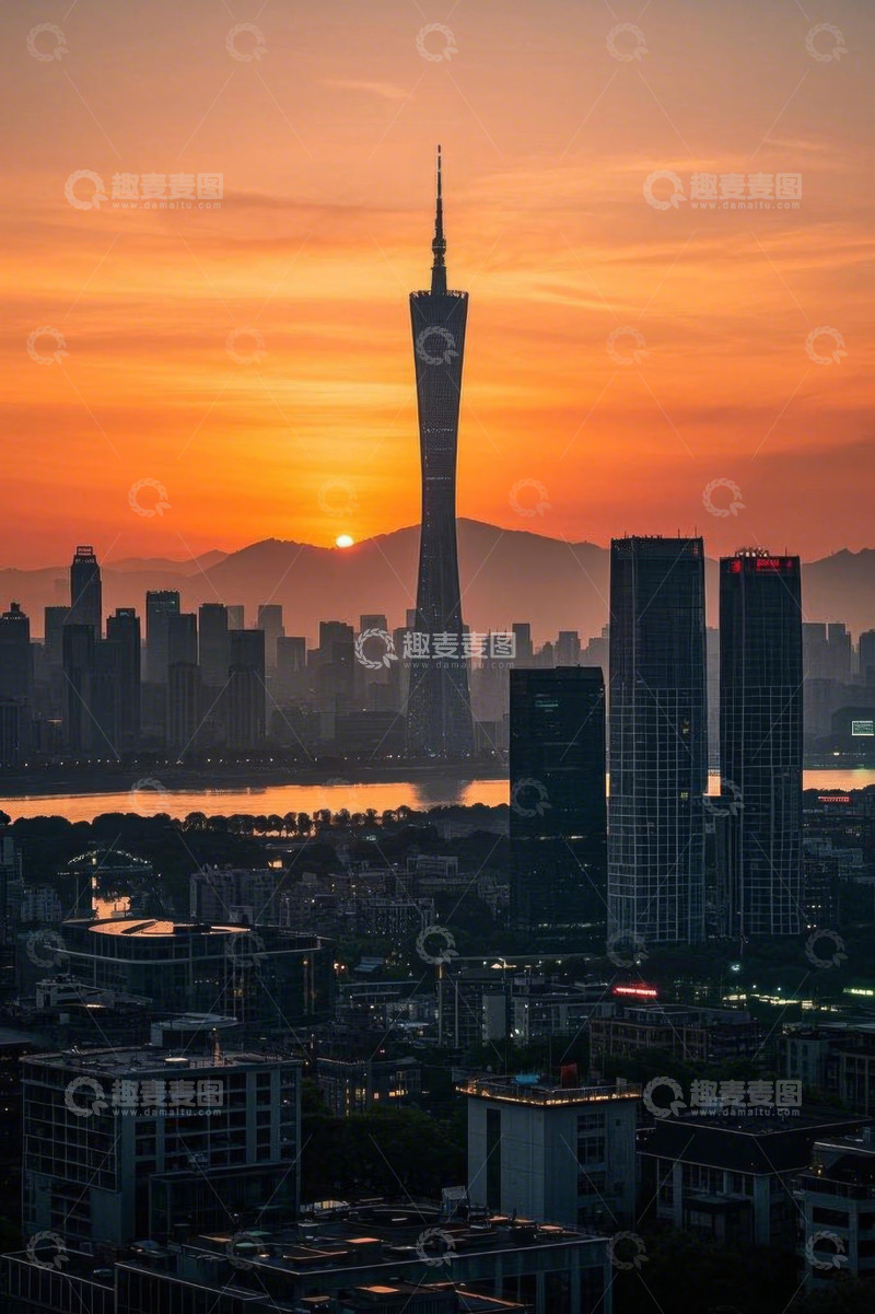 高清大图下载【趣麦麦图】广州日落时分广州塔城市景观