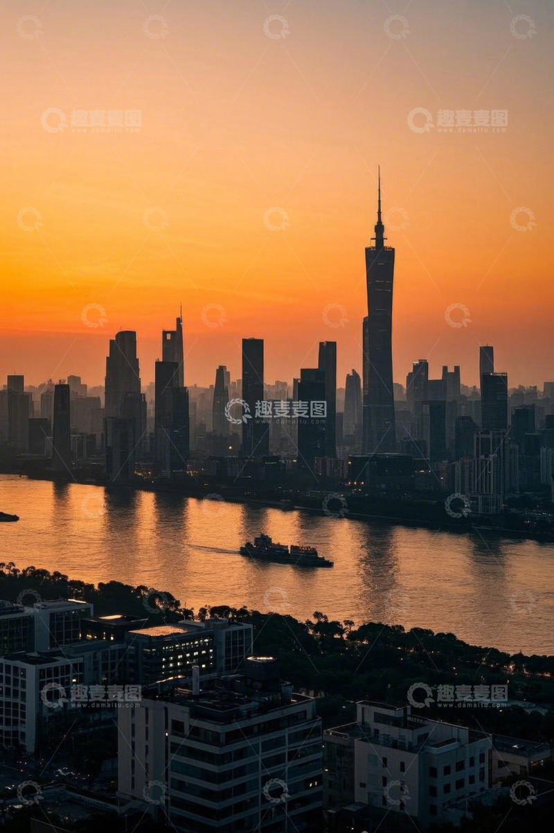 高清大图下载【趣麦麦图】广州城市天际线日落景观