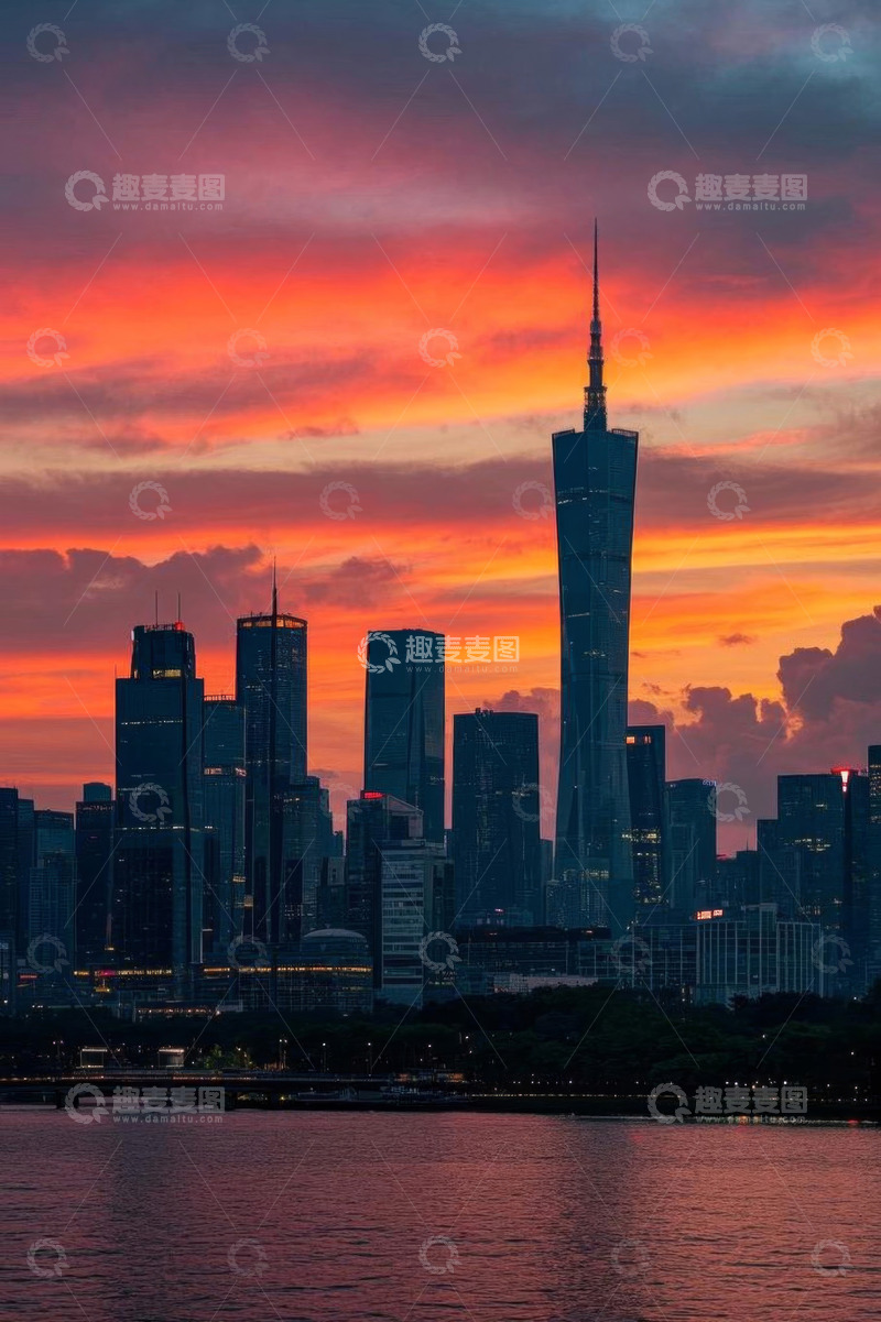 高清大图下载【趣麦麦图】广州城市天际线日落景观