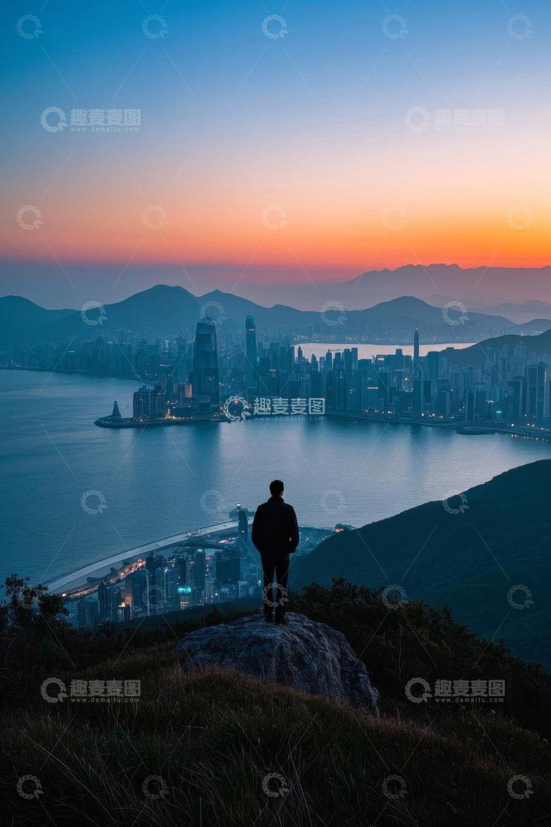 高清大图下载【趣麦麦图】山顶男子俯瞰香港城市天际线