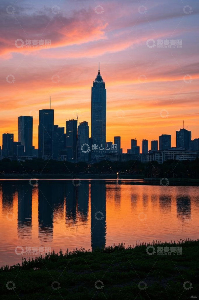 高清大图下载【趣麦麦图】黄昏城市天际线与湖面倒影