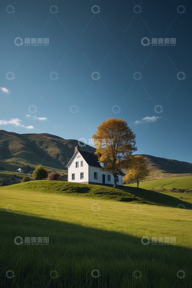 高清大图下载【趣麦麦图】田园山丘上的白色小屋