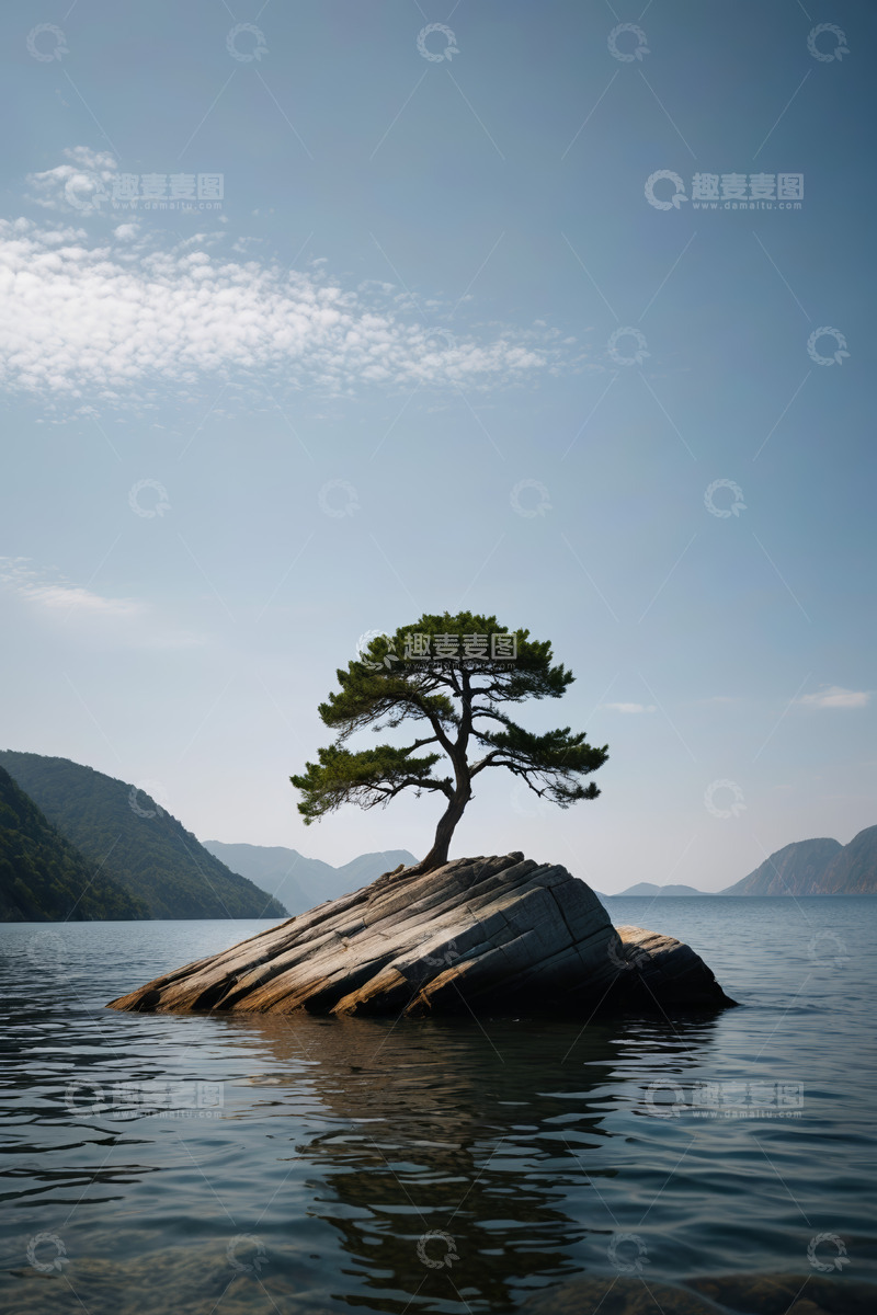 高清大图下载【趣麦麦图】湖心孤石上的松树景观