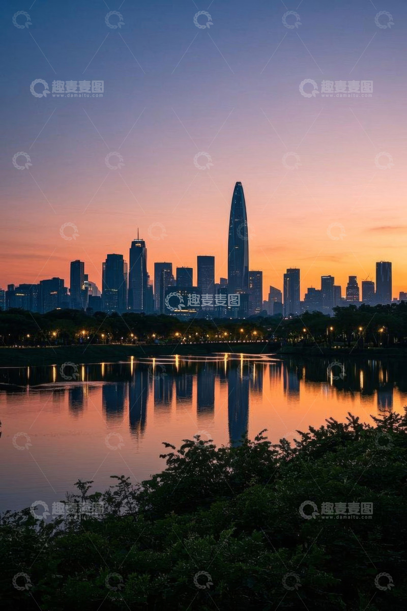 高清大图下载【趣麦麦图】深圳城市建筑黄昏湖景