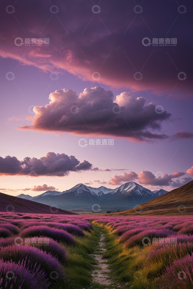 高清大图下载【趣麦麦图】紫色薰衣草花海与远山景观