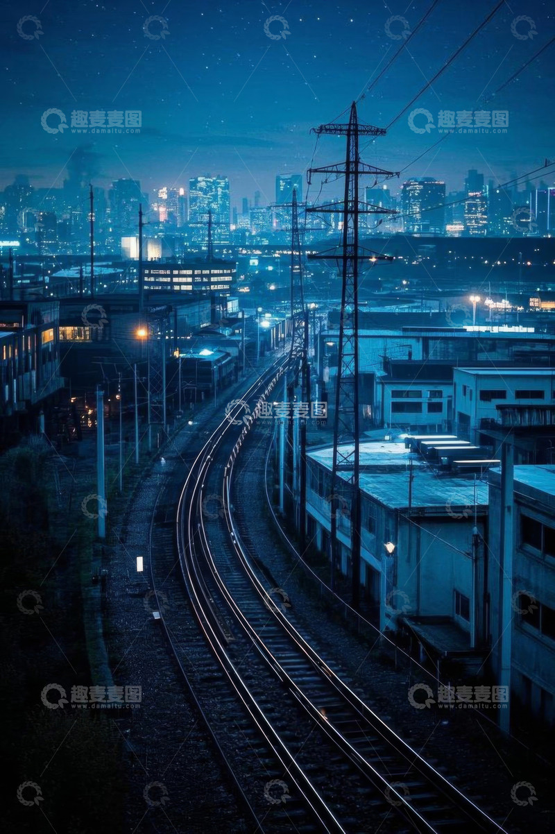 高清大图下载【趣麦麦图】夜晚城市铁路轨道风景