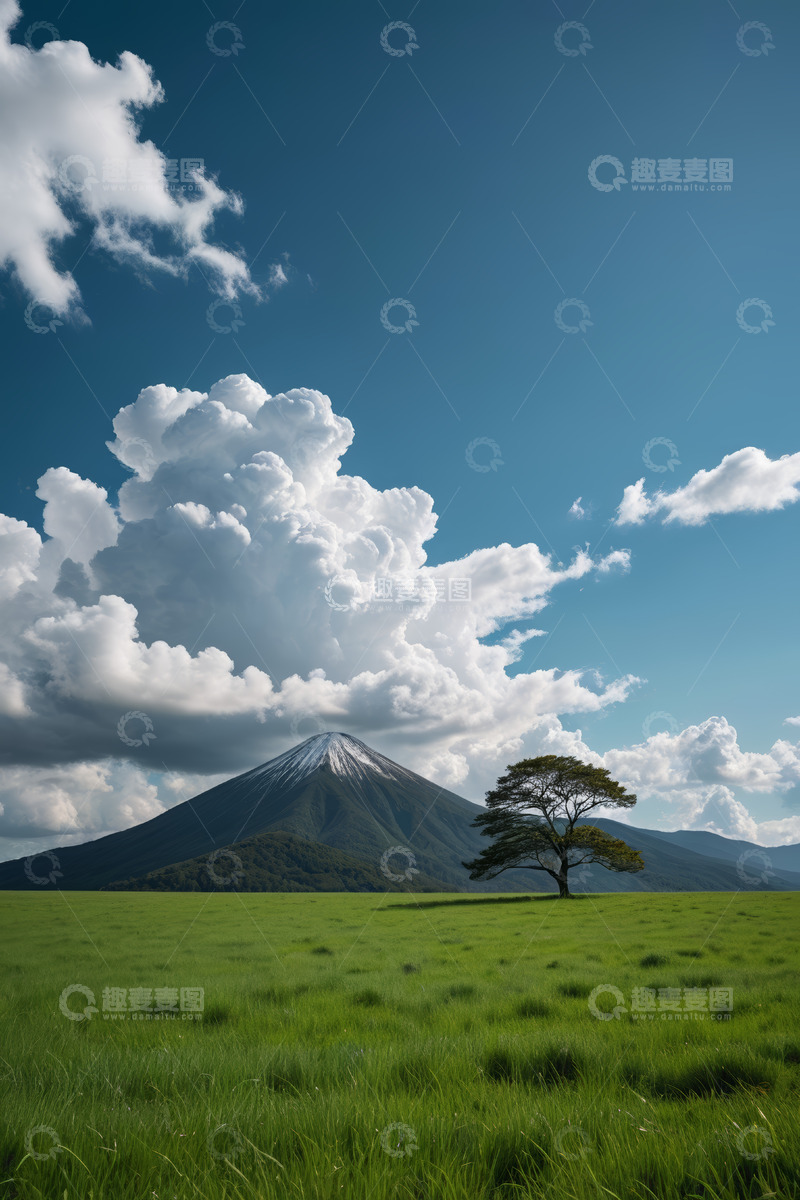 高清大图下载【趣麦麦图】富士山旁草原与孤树景观