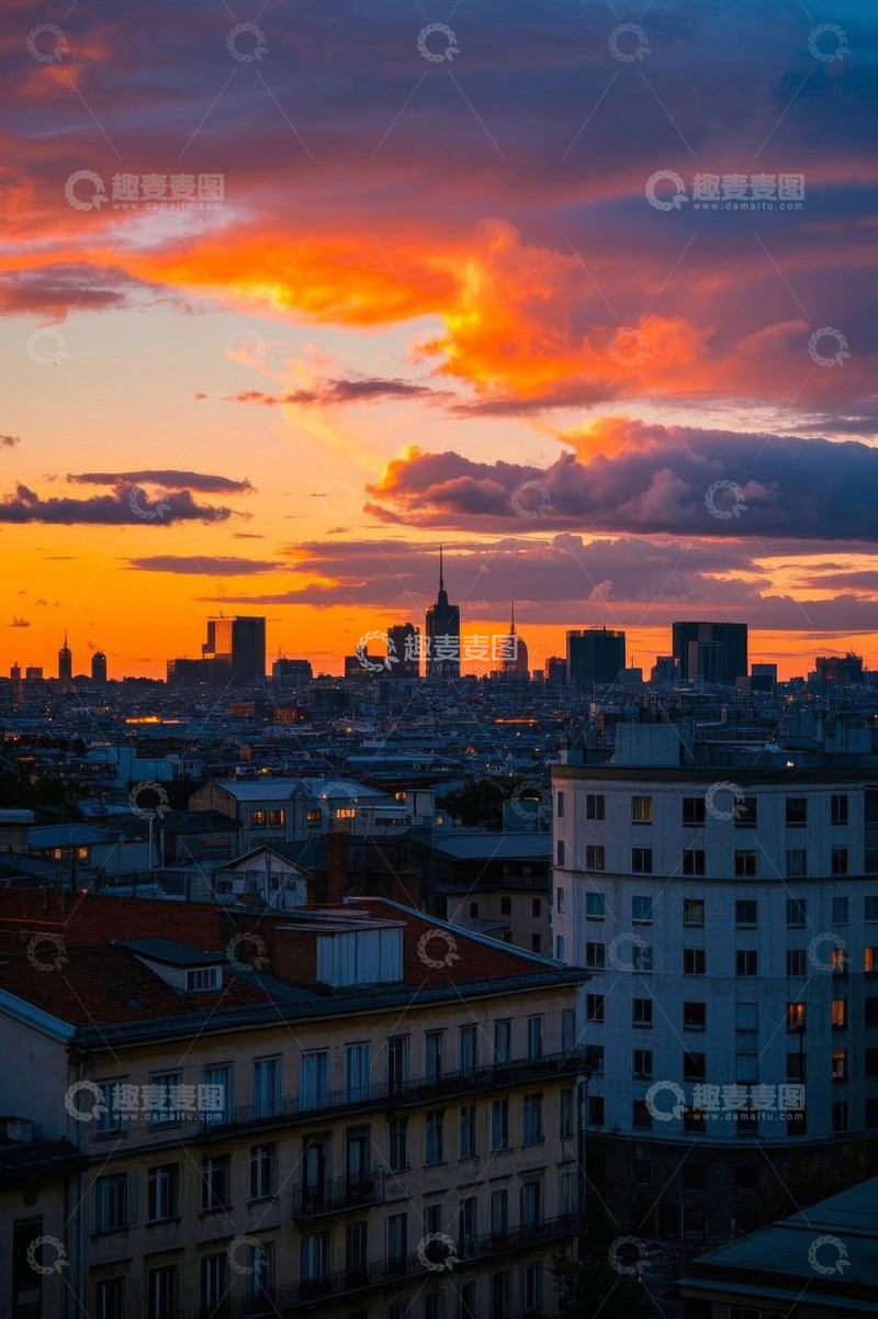 高清大图下载【趣麦麦图】城市黄昏天空与建筑景观