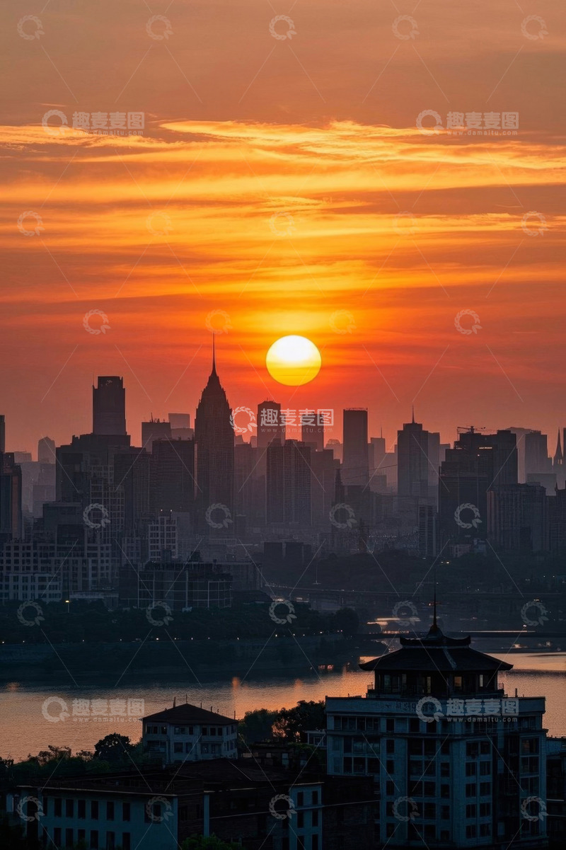 高清大图下载【趣麦麦图】城市日落天际线全景