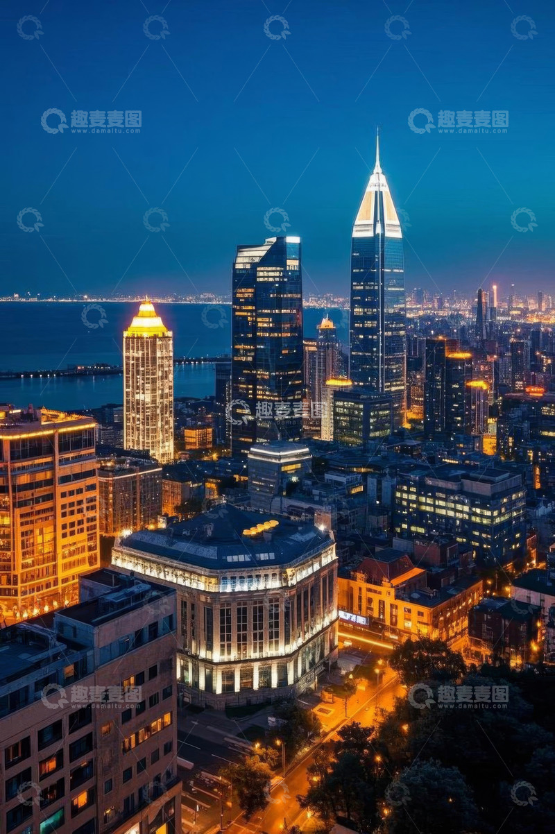 高清大图下载【趣麦麦图】城市夜景高楼与近海风光