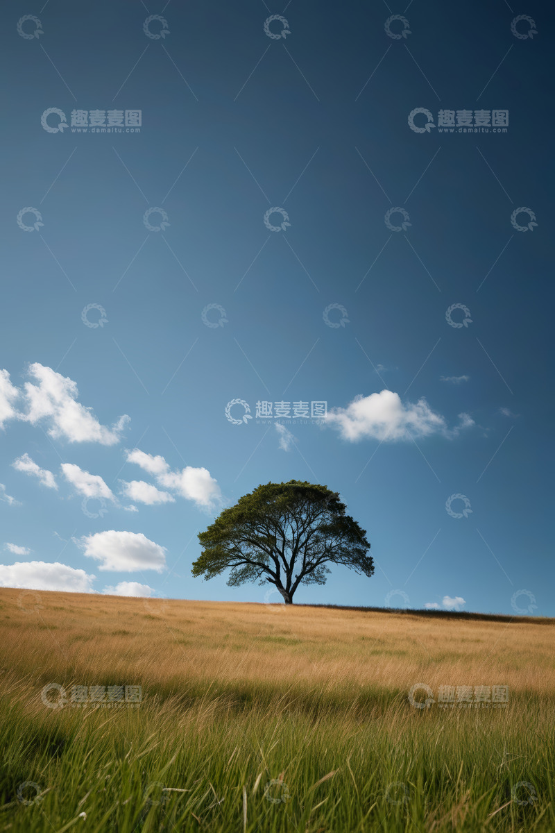 高清大图下载【趣麦麦图】草原上的孤树与蓝天