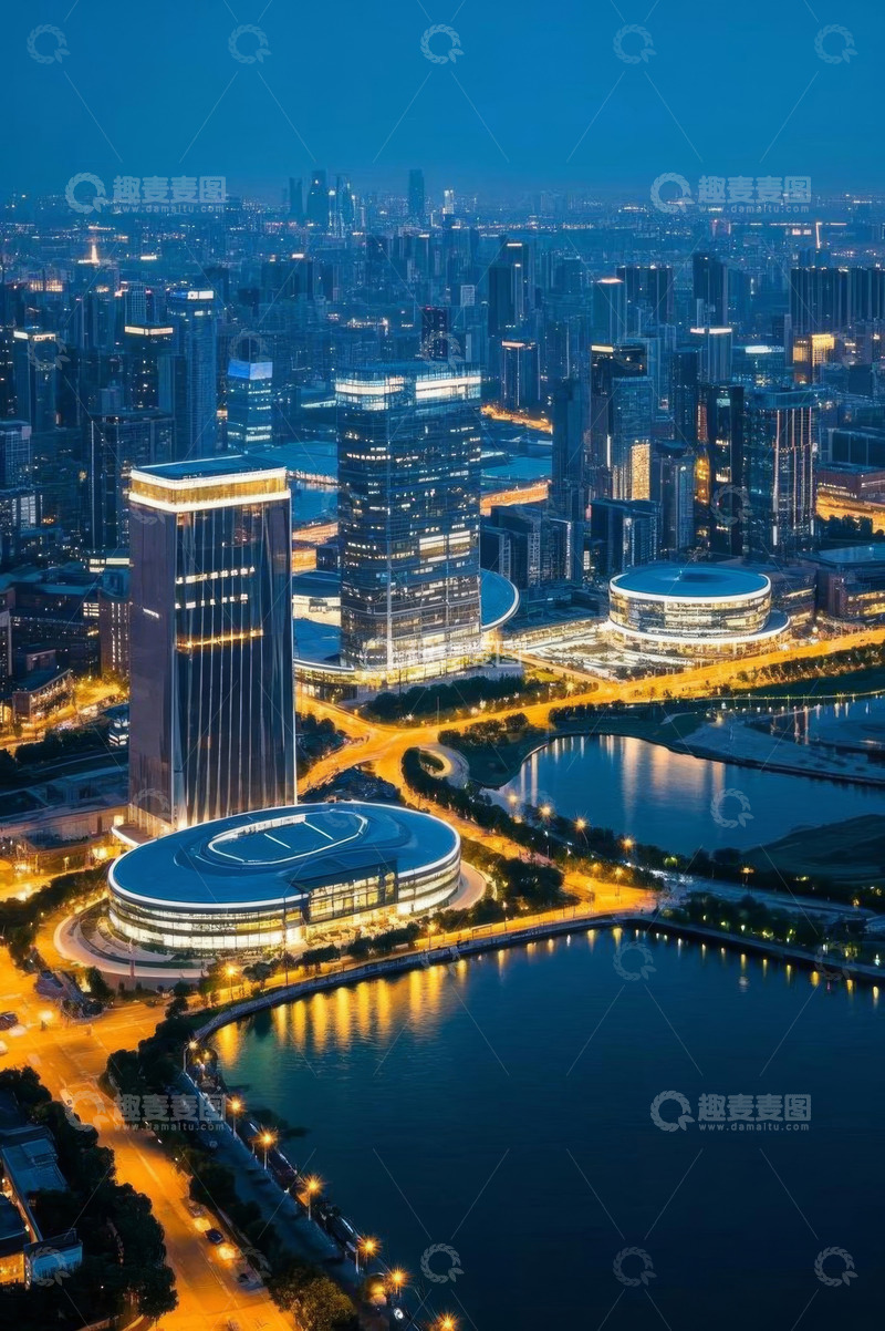 高清大图下载【趣麦麦图】城市夜景高楼与水域鸟瞰