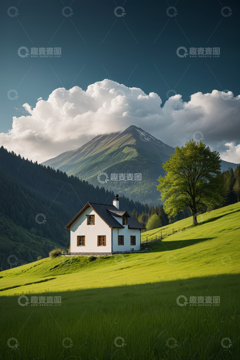 高清大图下载【趣麦麦图】山间草地旁的独栋小屋风景