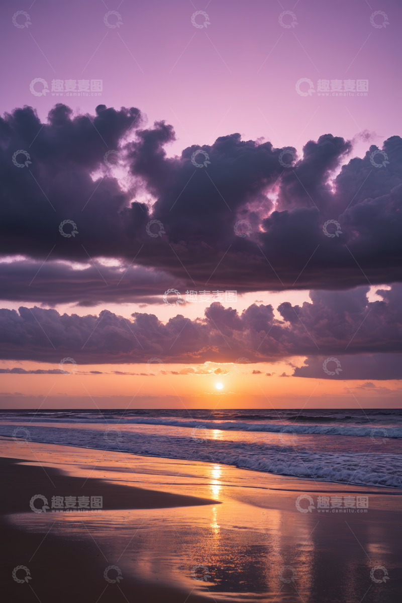 高清大图下载【趣麦麦图】海滩日落时分天空与海浪景象