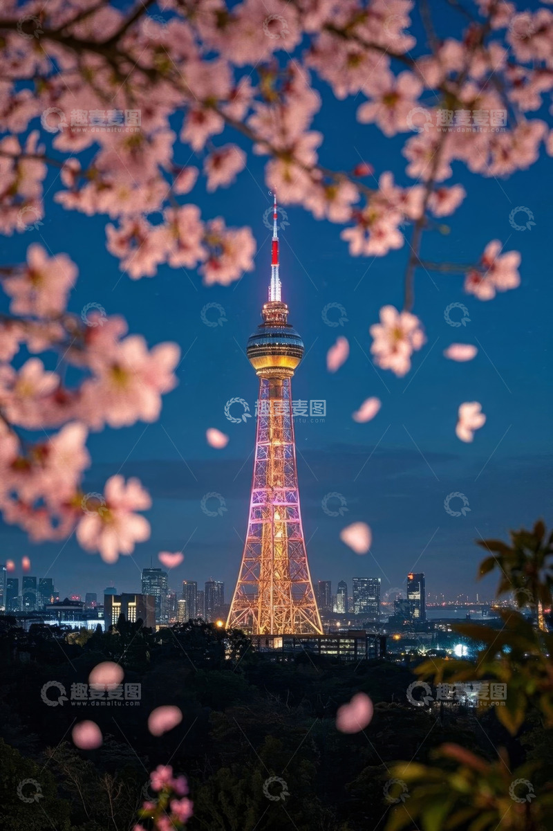 高清大图下载【趣麦麦图】樱花映衬下的城市地标建筑