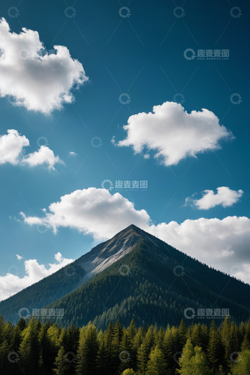 高清大图下载【趣麦麦图】蓝天白云下的山峰与森林景观