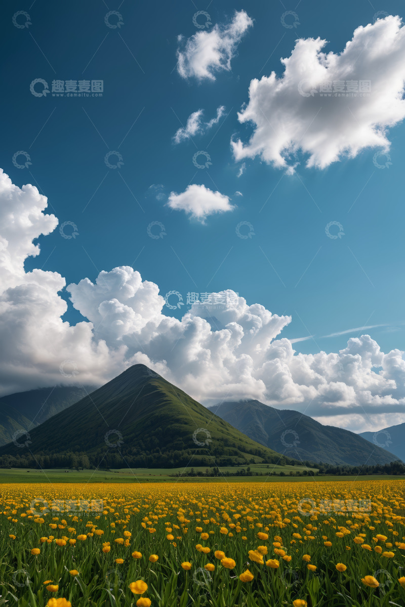高清大图下载【趣麦麦图】山间黄花花海与蓝天白云景观