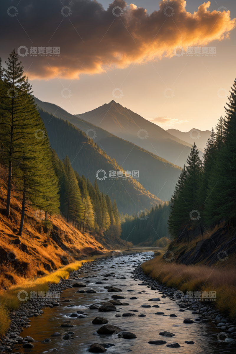高清大图下载【趣麦麦图】山谷河流与森林黄昏景色