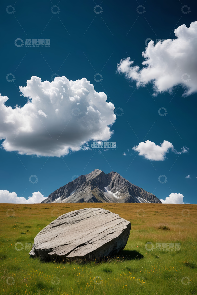 高清大图下载【趣麦麦图】草原上的岩石与远山风景