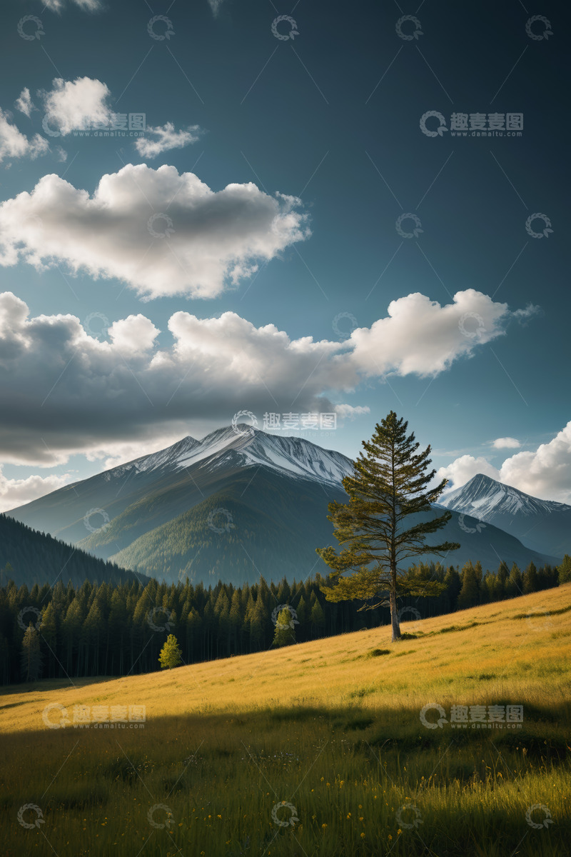 高清大图下载【趣麦麦图】雪山下的草原森林风景