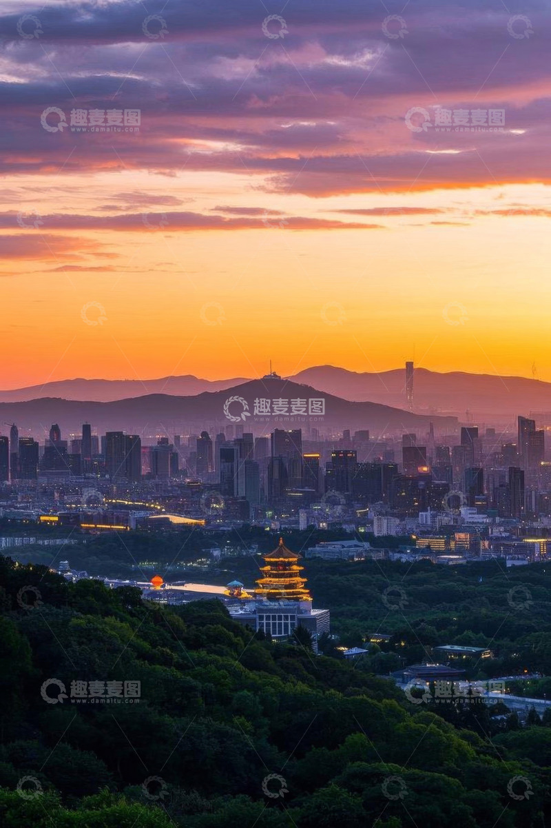 高清大图下载【趣麦麦图】黄昏时城市与古建筑景观