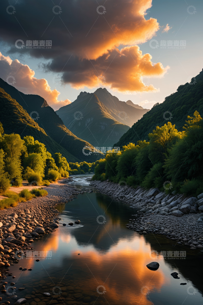 高清大图下载【趣麦麦图】山谷河流自然风光日落景色
