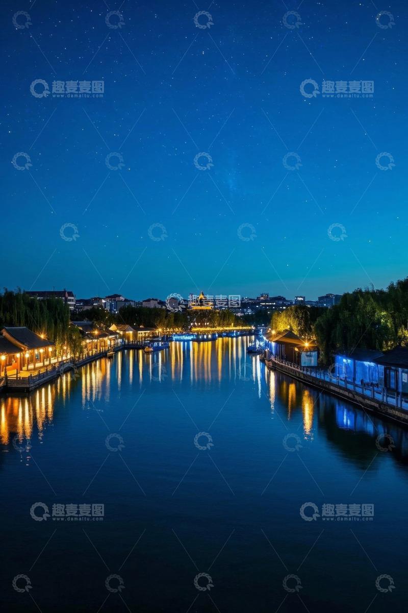 高清大图下载【趣麦麦图】夜晚河畔古建筑群夜景
