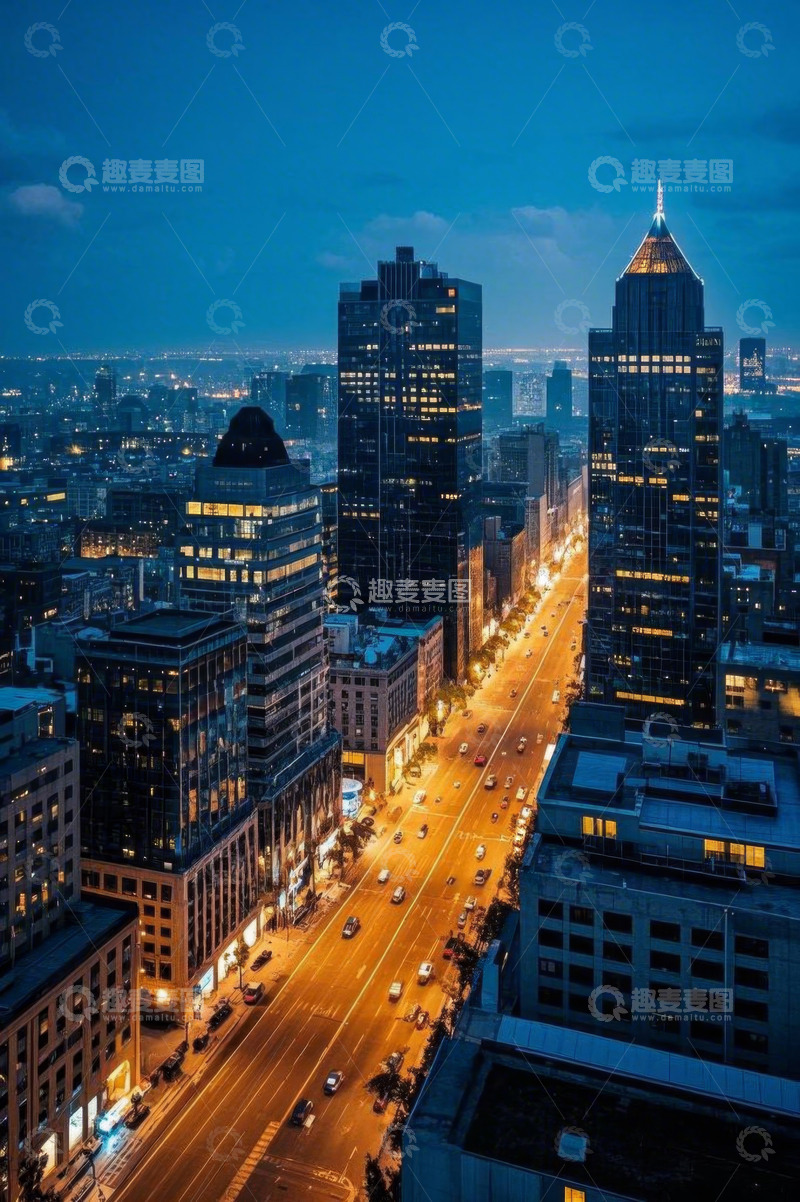 高清大图下载【趣麦麦图】城市夜晚高楼与街道车流景象