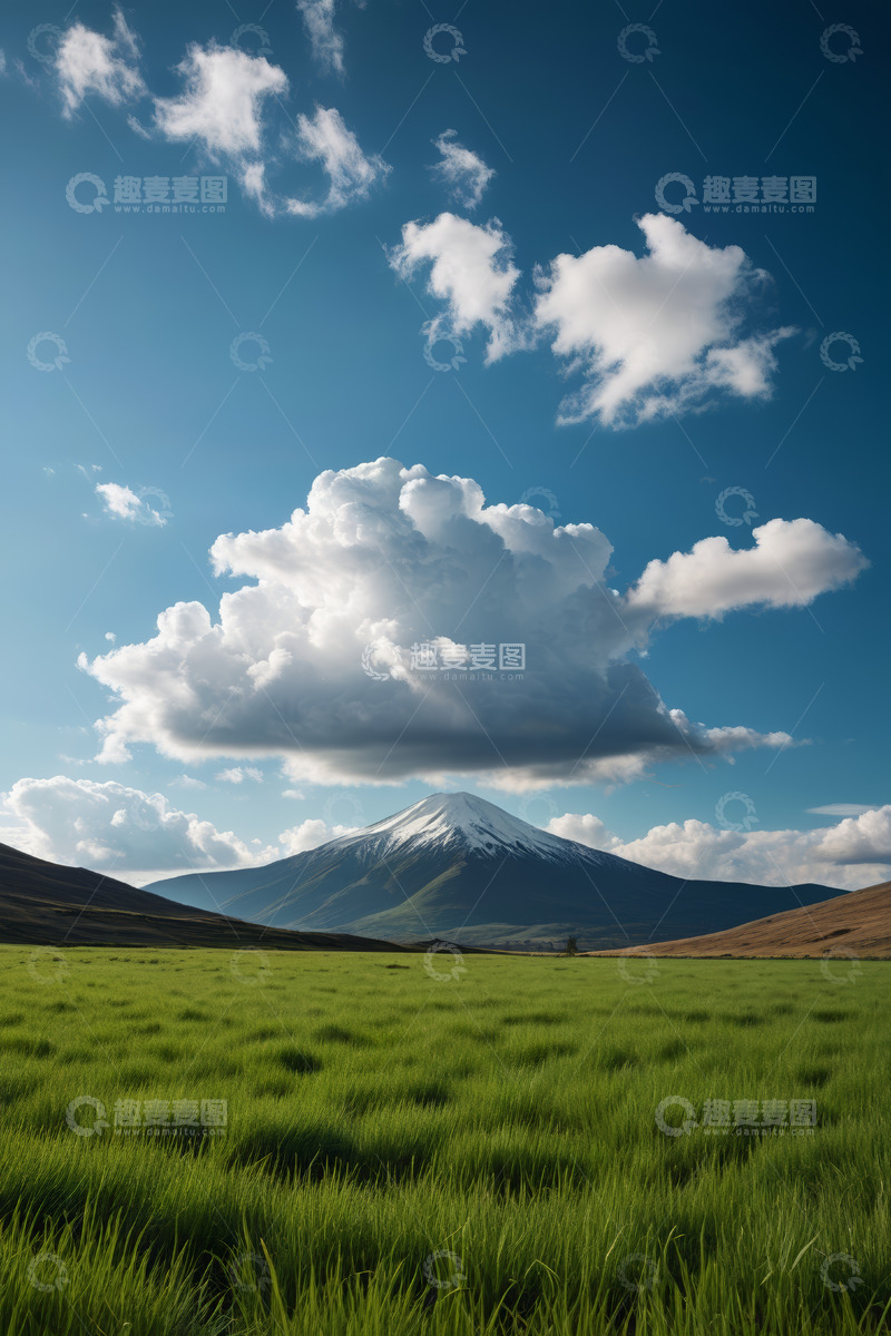 高清大图下载【趣麦麦图】日本富士山与草地蓝天白云景色