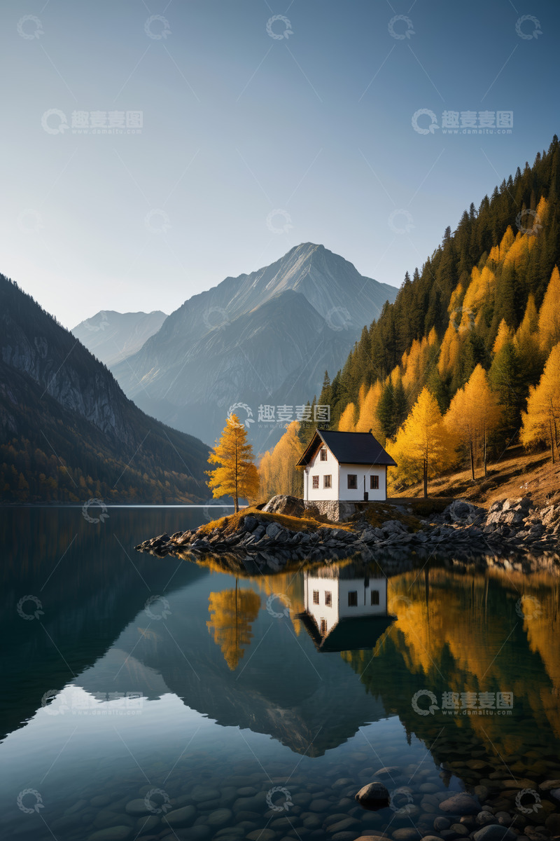 高清大图下载【趣麦麦图】湖畔小屋与山林倒影景观