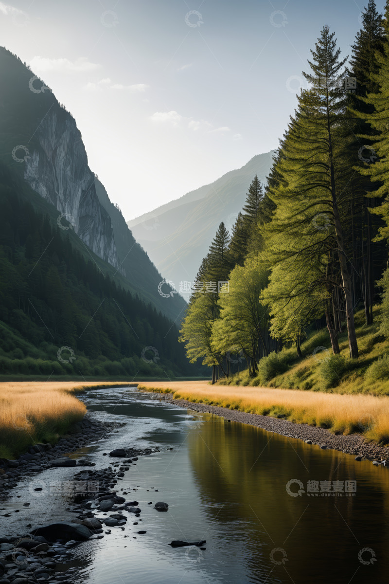 高清大图下载【趣麦麦图】山间河流与森林自然景观