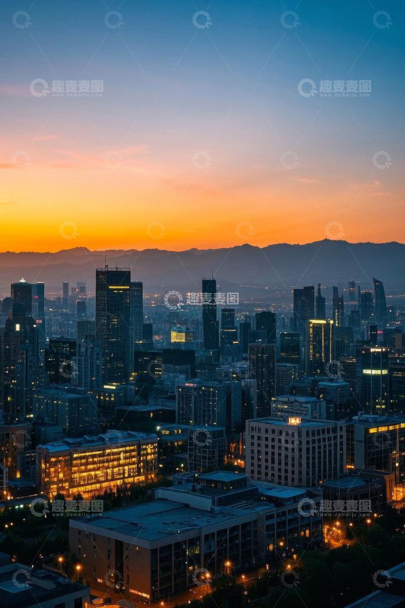 高清大图下载【趣麦麦图】城市黄昏天际线全景