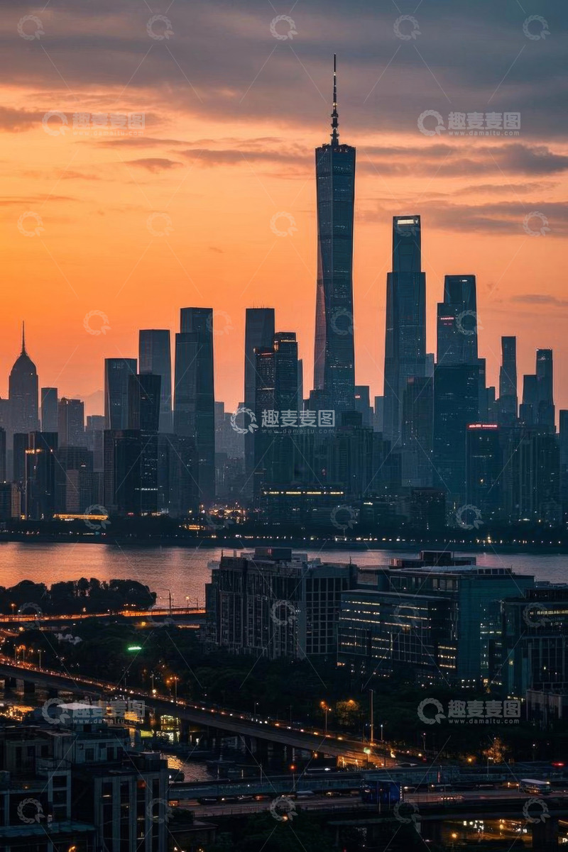 高清大图下载【趣麦麦图】广州城市天际线黄昏景观