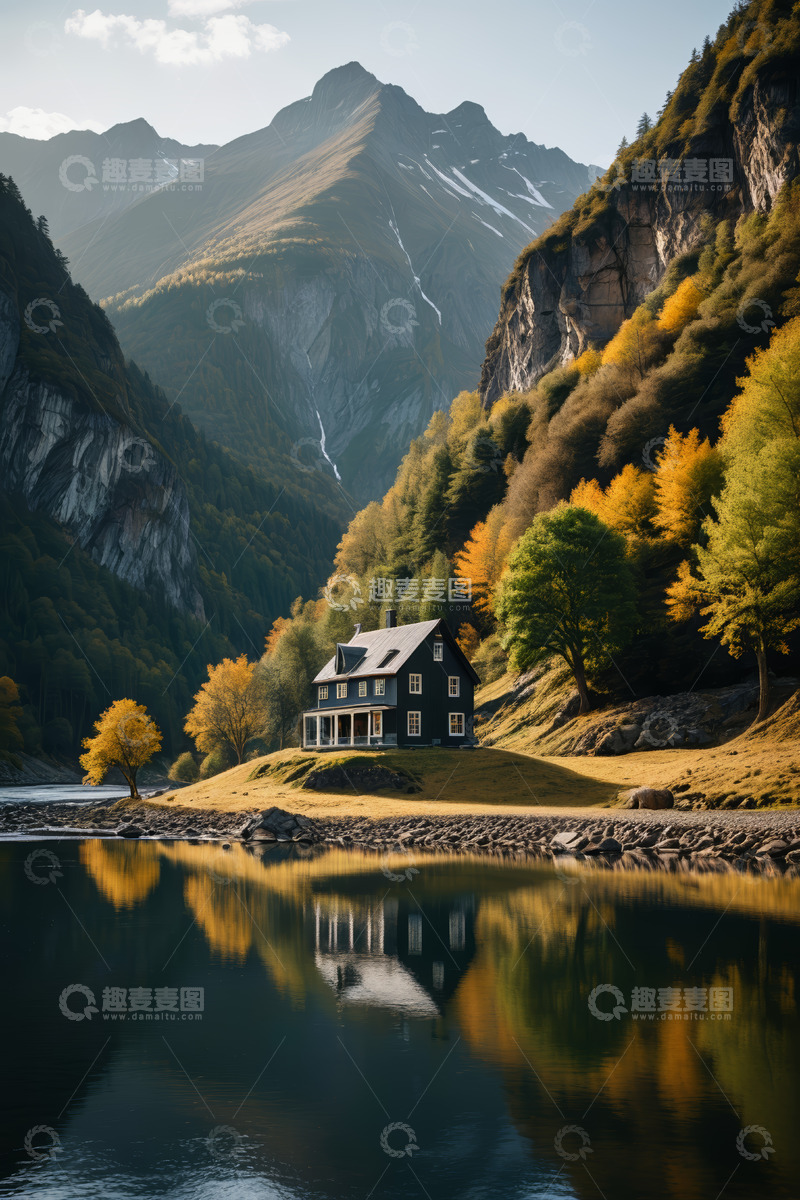 高清大图下载【趣麦麦图】山边湖畔的小屋秋日风光