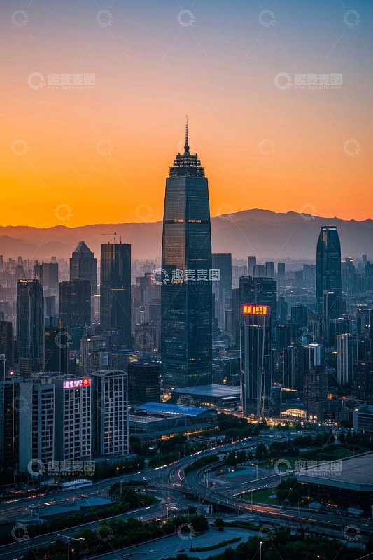 黄昏下的城市高楼全景