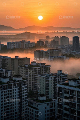城市日出时分的高楼景观