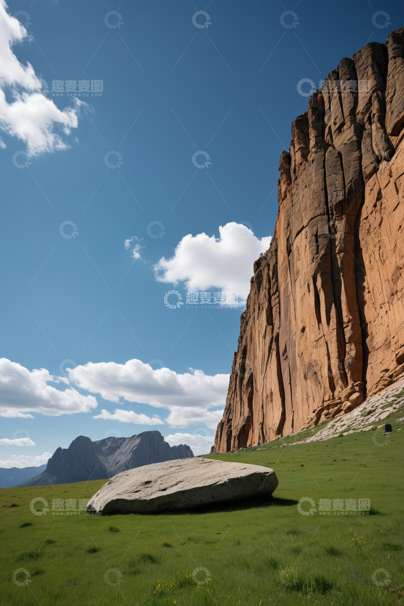 高清大图下载【趣麦麦图】高山旁的岩石与草地风景