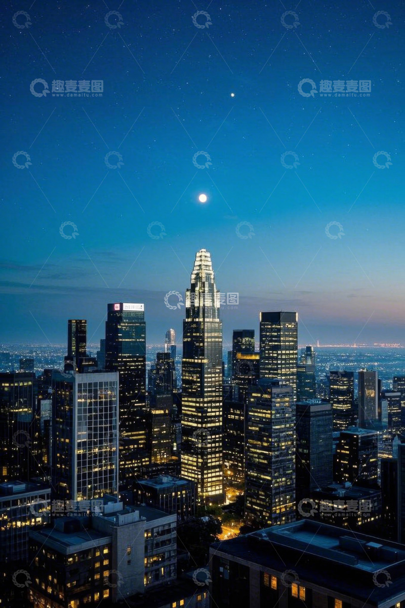 高清大图下载【趣麦麦图】夜晚城市高楼与星月景观