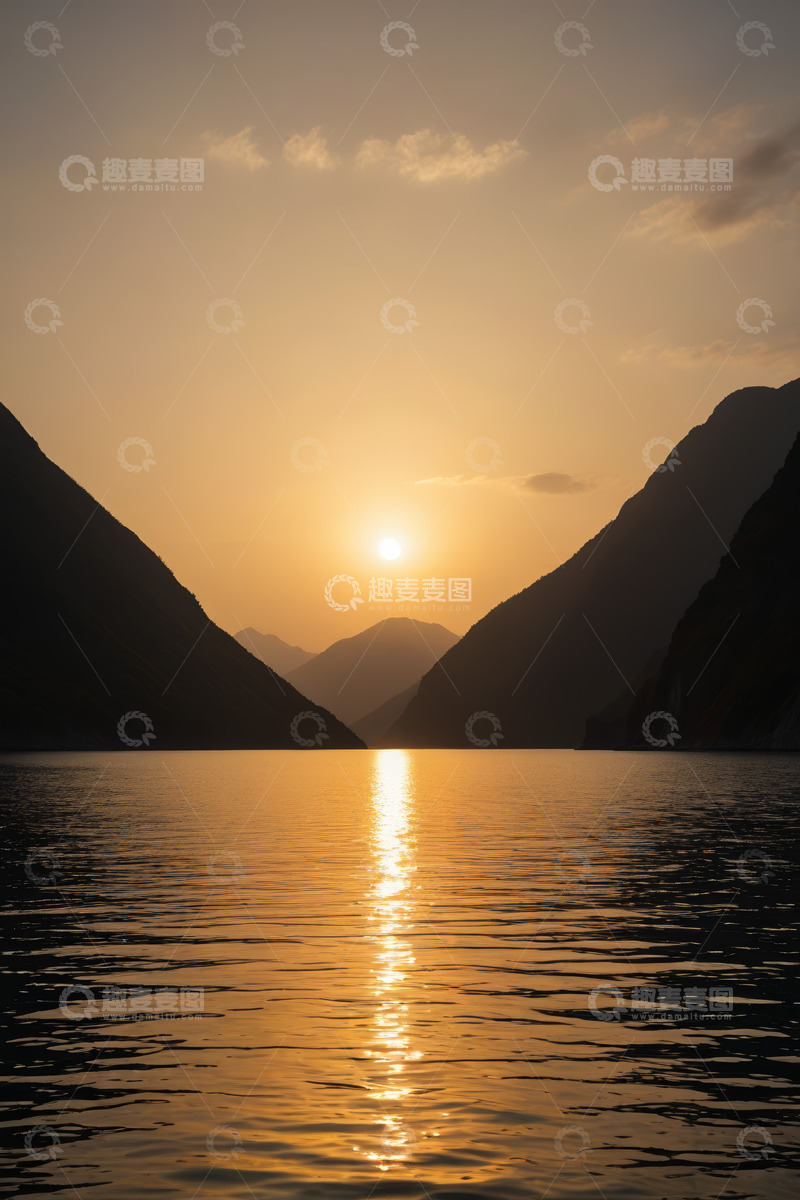 高清大图下载【趣麦麦图】山水间日落湖面美景